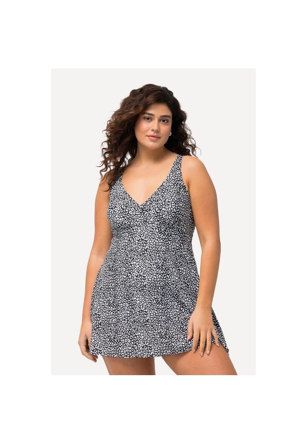 ULLA POPKEN - Damskie Strój kąpielowywzór w panterkę miękkie miseczki w kopertowym stylu. Kolekcja: plus size. Kolor: czarny. Materiał: poliamid, poliester, materiał, elastan. Wzór: motyw zwierzęcy