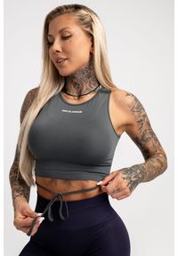 GYM GLAMOUR - Top fitness damski Gym Glamour wiązany. Kolor: szary. Sport: fitness