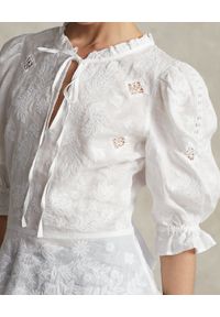 Ralph Lauren - RALPH LAUREN - Lniana bluzka z ażurowymi zdobieniami. Typ kołnierza: polo. Kolor: biały. Materiał: len. Wzór: aplikacja, ażurowy #3