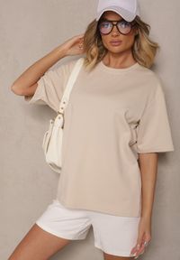 Renee - Jasnobeżowy Basicowy T-shirt z Bawełny Meranissea. Kolor: beżowy. Materiał: bawełna #4