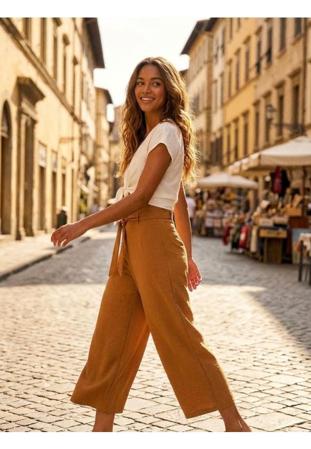 Sinsay - Spodnie wide leg z wiązaniem - brązowy. Kolor: brązowy