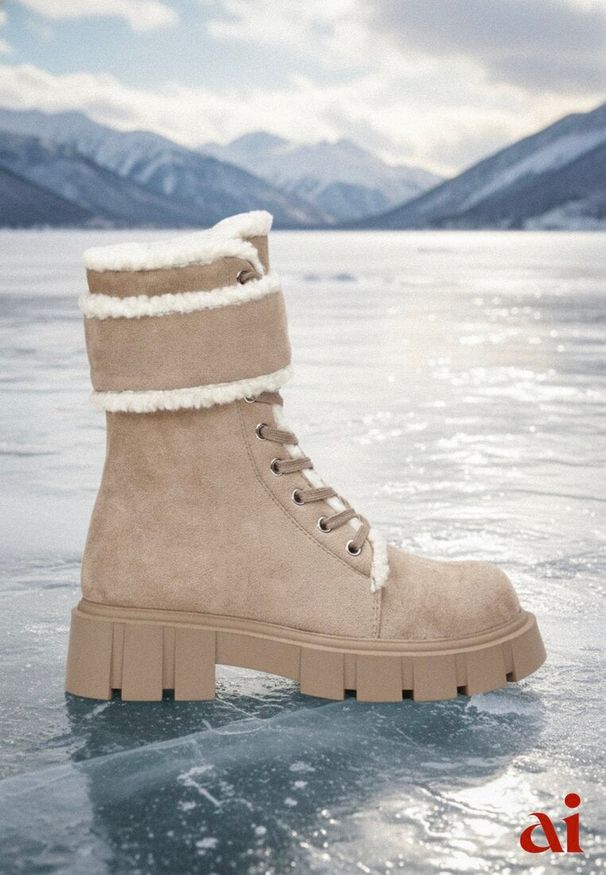 Renee - Ciemnobeżowe Botki Workery na Grubej Podeszwie z Futerkiem Valiro. Kolor: beżowy. Materiał: futro. Wzór: aplikacja