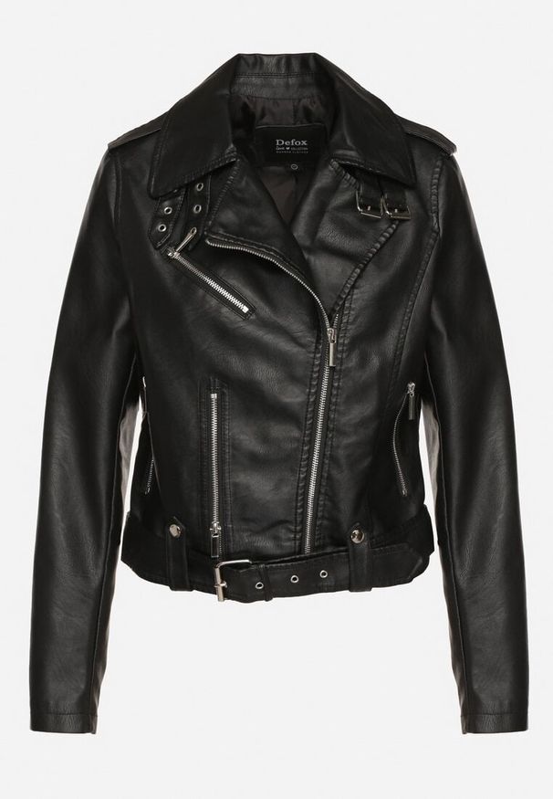 Born2be - Czarna Kurtka Ramoneska z Asymetrycznym Suwakiem i Regulowanym Paskiem Bralissa. Okazja: na co dzień. Kolor: czarny. Materiał: jeans. Styl: rockowy, casual, elegancki