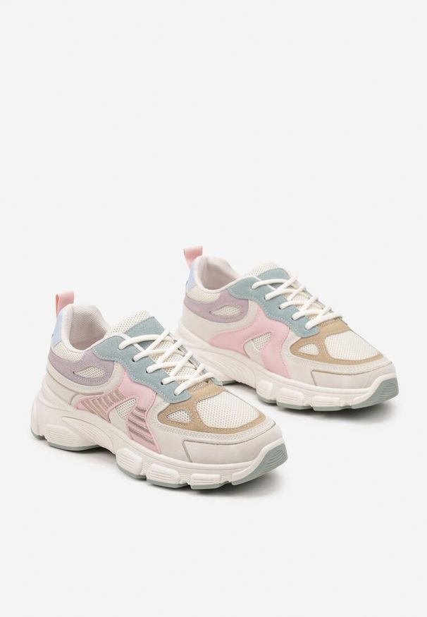 Renee - Beżowo-Różowe Sneakersy w Streetwearowym Stylu na Grubej Podeszwie Felethra. Okazja: do pracy, na spotkanie biznesowe. Nosek buta: okrągły. Kolor: beżowy. Materiał: jeans