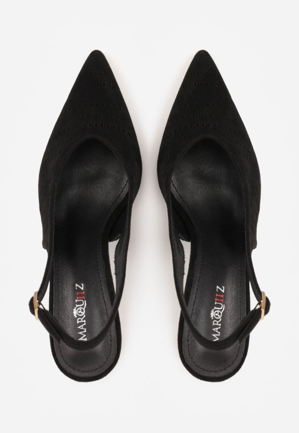 Renee - Czarne Szpilki Slingback z Ażurową Cholewką Nessnore. Zapięcie: sprzączka. Kolor: czarny. Materiał: satyna. Szerokość cholewki: normalna. Wzór: ażurowy. Obcas: na szpilce