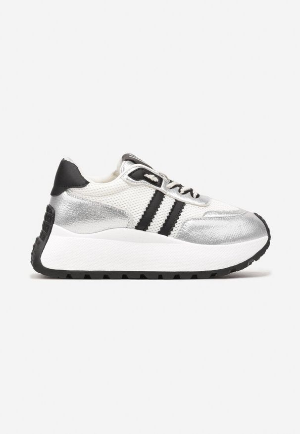 Born2be - Biało-Srebrne Sznurowane Sneakersy Vices na Grubej Podeszwie z Metaliczną Wstawką Nelenia. Okazja: na co dzień, do pracy. Kolor: biały. Materiał: jeans