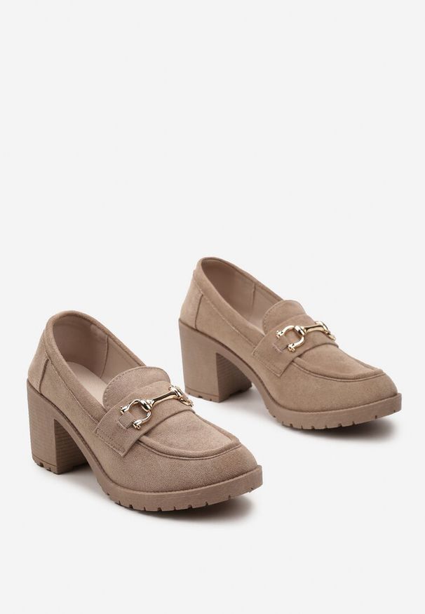 Born2be - Ciemnobeżowe Półbuty w Stylu Mokasynów na Słupku i Niskiej Platformie z Klamerką Nardica. Kolor: beżowy. Materiał: jeans. Wzór: aplikacja. Obcas: na platformie. Styl: elegancki, klasyczny