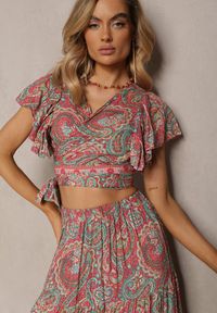 Renee - Różowy Wiskozowy Komplet 2-Częściowy w Print Paisley Długa Spódnica i Kopertowy Top Aeodosia. Kolor: różowy. Materiał: wiskoza. Wzór: paisley, nadruk #3
