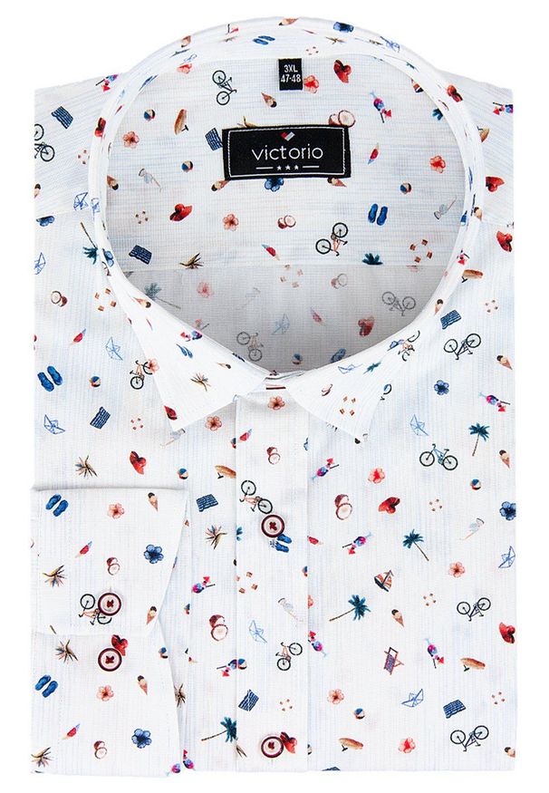 Koszula Wizytowa z Długim Rękawem, Biała w Drobny Kolorowy Wzór, Rowery, Klapki -Victorio. Okazja: na co dzień. Typ kołnierza: button down. Kolor: wielokolorowy. Materiał: bawełna, elastan. Długość rękawa: długi rękaw. Długość: długie. Wzór: kolorowy. Styl: wizytowy