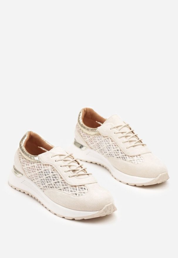 Born2be - Beżowe Sneakersy na Piankowej Podeszwie z Ażurową Cholewką Rineora. Okazja: na co dzień. Nosek buta: okrągły. Zapięcie: sznurówki. Kolor: beżowy. Materiał: jeans. Szerokość cholewki: normalna. Wzór: ażurowy