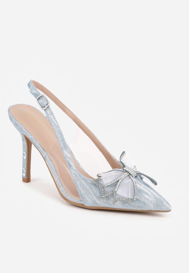 Renee - Niebieskie Szpilki VICES Slingback z Kokardą Cyrkoniami i Transparetną Wstawką Kalilise. Zapięcie: sprzączka. Kolor: niebieski. Materiał: satyna. Wzór: aplikacja. Obcas: na szpilce. Styl: elegancki