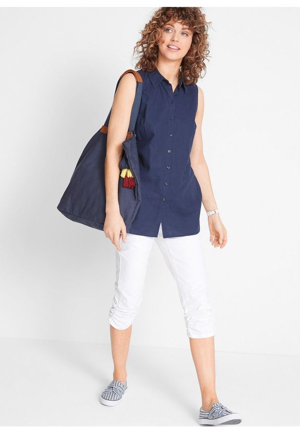 bonprix - Spodnie rybaczki z wygodnym paskiem i marszczeniem. Kolor: biały