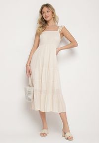 Born2be - Beżowa Wiskozowa Sukienka na Ramiączkach Zdobiona Metaliczną Nicią Iffrisse. Okazja: na co dzień. Kolor: beżowy. Materiał: wiskoza. Długość rękawa: na ramiączkach. Wzór: aplikacja. Styl: casual #5