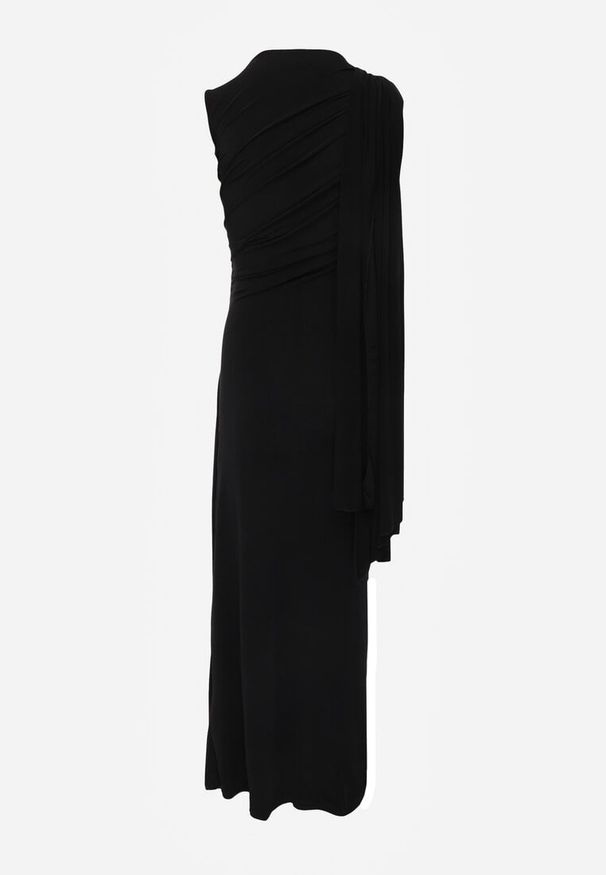 Renee - Czarna Wieczorowa Sukienka Marszczona z Wszytym Szalem i Biżuteryjną Broszką Cezalia. Okazja: na wesele, na studniówkę, na ślub cywilny. Kolor: czarny. Typ sukienki: proste. Styl: wizytowy