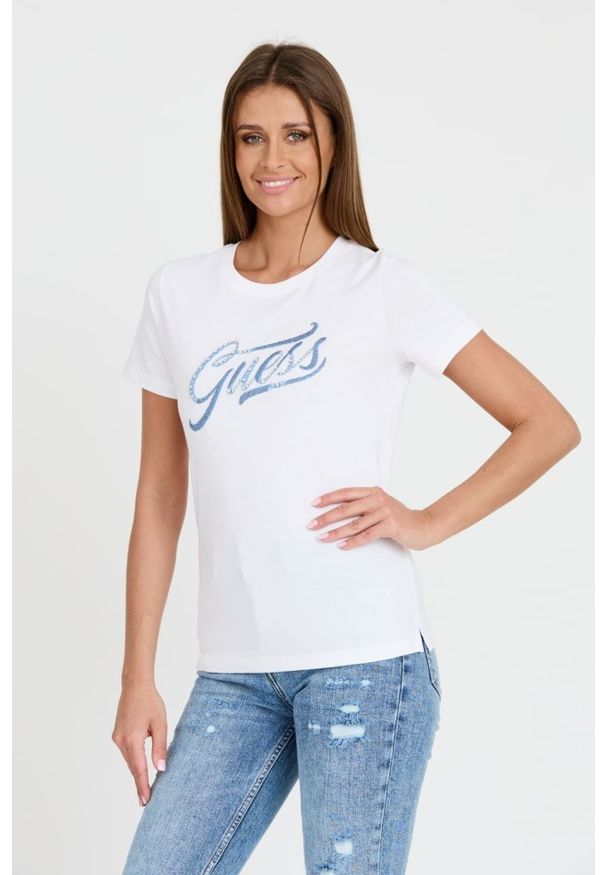 Guess - GUESS Biały damski T-shirt bawełniany STONES&EMBRO TEE, Rozmiar L. Kolor: biały. Materiał: bawełna
