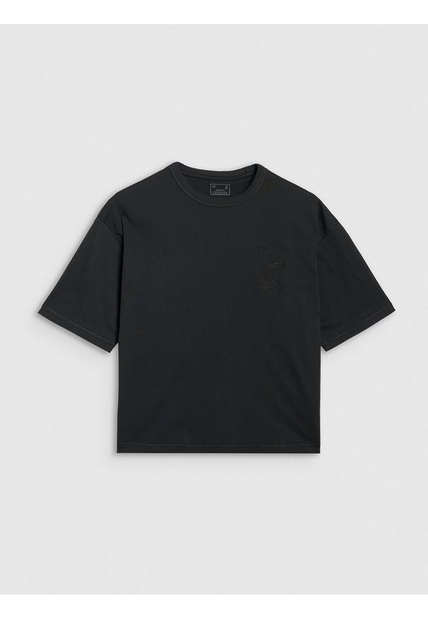 4f - 4F T-shirt oversize z nadrukiem damski - czarny XL. Okazja: na co dzień. Kolor: czarny. Materiał: materiał, bawełna, jersey, dzianina. Długość rękawa: krótki rękaw. Długość: krótkie. Wzór: nadruk. Styl: sportowy, klasyczny, casual