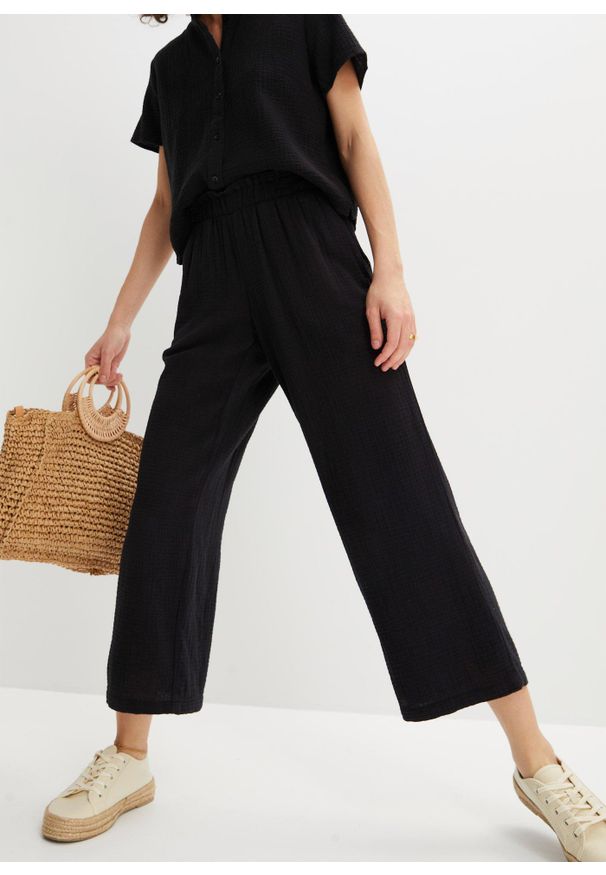 bonprix - Muślinowe spodnie culotte z bawełny. Kolor: czarny. Materiał: bawełna. Styl: elegancki