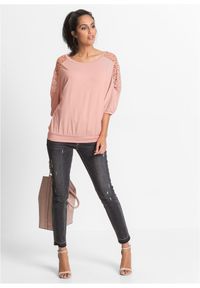 bonprix - Bluzka oversize z mieszanki wiskozy. Kolor: różowy. Materiał: wiskoza, koronka. Wzór: aplikacja, koronka #2