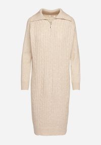 Born2be - Jasnobeżowa Sukienka z Bawełną i Wełną z Kołnierzykiem na Suwak Tereithra. Okazja: na spotkanie biznesowe, na co dzień. Kolor: beżowy. Materiał: wełna, bawełna. Typ sukienki: proste. Styl: elegancki, casual, biznesowy, wizytowy #2