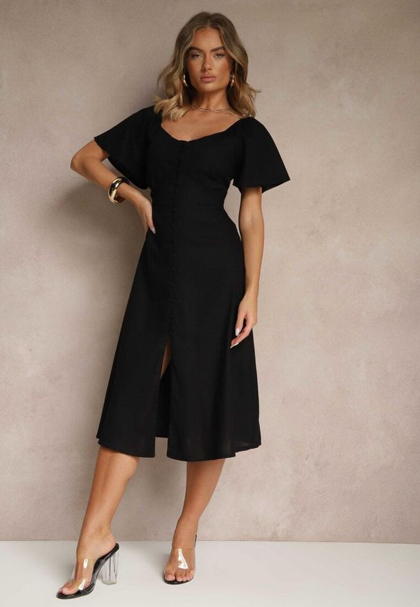 Renee - Czarna Bawełniana Sukienka z Wiązaniem i Guzikami Kolarissa. Okazja: na co dzień. Kolor: czarny. Materiał: bawełna. Typ sukienki: proste, koszulowe. Styl: elegancki, casual