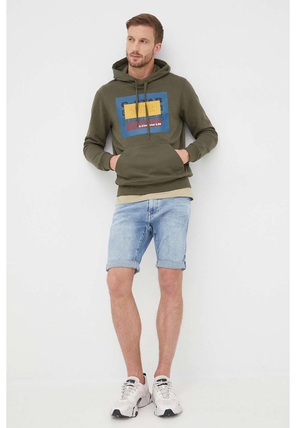 G-Star RAW - G-Star Raw bluza męska kolor zielony z kapturem z nadrukiem. Okazja: na co dzień. Typ kołnierza: kaptur. Kolor: zielony. Materiał: dzianina, poliester. Wzór: nadruk. Styl: casual
