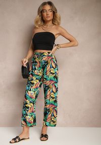 Renee - Zielone Spodnie z Bawełny o Szerokim Kroju High Waist w Liście Edirive. Okazja: na spotkanie biznesowe. Stan: podwyższony. Kolor: zielony. Materiał: bawełna. Sezon: lato. Styl: klasyczny, elegancki, biznesowy