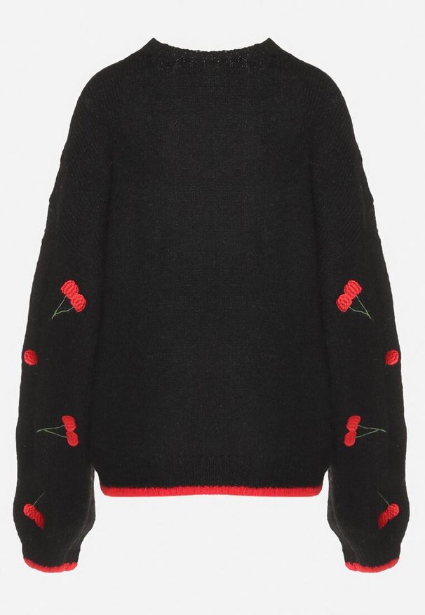 Born2be - Czarny Sweter z Domieszką Wełny z Motywem Wisienek Sintovia. Okazja: na co dzień. Kolor: czarny. Materiał: wełna. Styl: casual