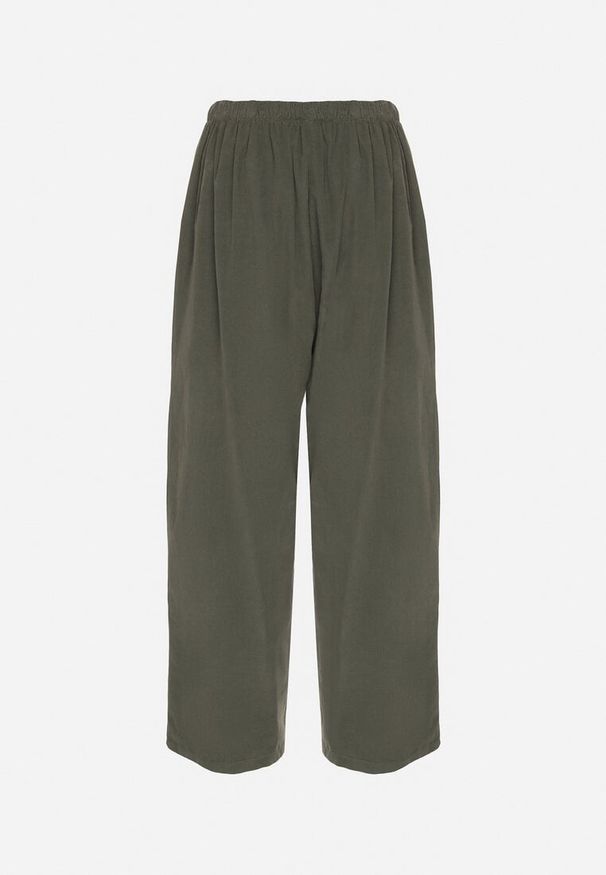 Born2be - Ciemnozielone Szerokie Spodnie z Bawełny z Wysokim Stanem Florili. Okazja: na co dzień. Stan: podwyższony. Kolor: zielony. Materiał: bawełna. Sezon: wiosna, lato. Styl: klasyczny, casual, elegancki