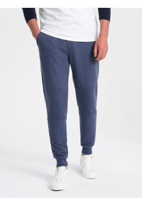 Ombre Clothing - Męskie spodnie dresowe ze wstawkami z tkaniny ottoman - ciemnoniebieskie V2 OM-PASK-0127 - XXL. Kolor: niebieski. Materiał: dresówka, tkanina #5