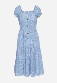 Born2be - Niebieska Bawełniana Sukienka w Drobne Kwiaty z Gumkami w Talii Fielita. Kolor: niebieski. Materiał: bawełna. Długość rękawa: krótki rękaw. Wzór: kwiaty. Sezon: lato. Styl: elegancki #5