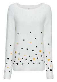 Sweter w serca bonprix biel wełny z nadrukiem. Kolor: biały. Materiał: wełna. Wzór: nadruk #1