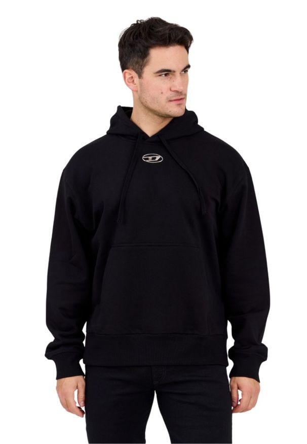 Diesel - DIESEL Czarna męska bluza z metalowym logo S-MACS-HOOD-OD. Kolor: czarny. Materiał: bawełna, elastan, materiał