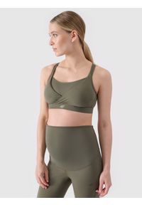 4f - 4F Biustonosz ciążowy treningowy ułatwiający karmienie damski - khaki XS. Kolekcja: moda ciążowa. Kolor: oliwkowy, brązowy, wielokolorowy. Materiał: dzianina, guma, włókno, syntetyk, materiał, tkanina, elastan. Rodzaj stanika: wyciągane miseczki. Wzór: gładki, ze splotem, jednolity. Sport: joga i pilates, fitness