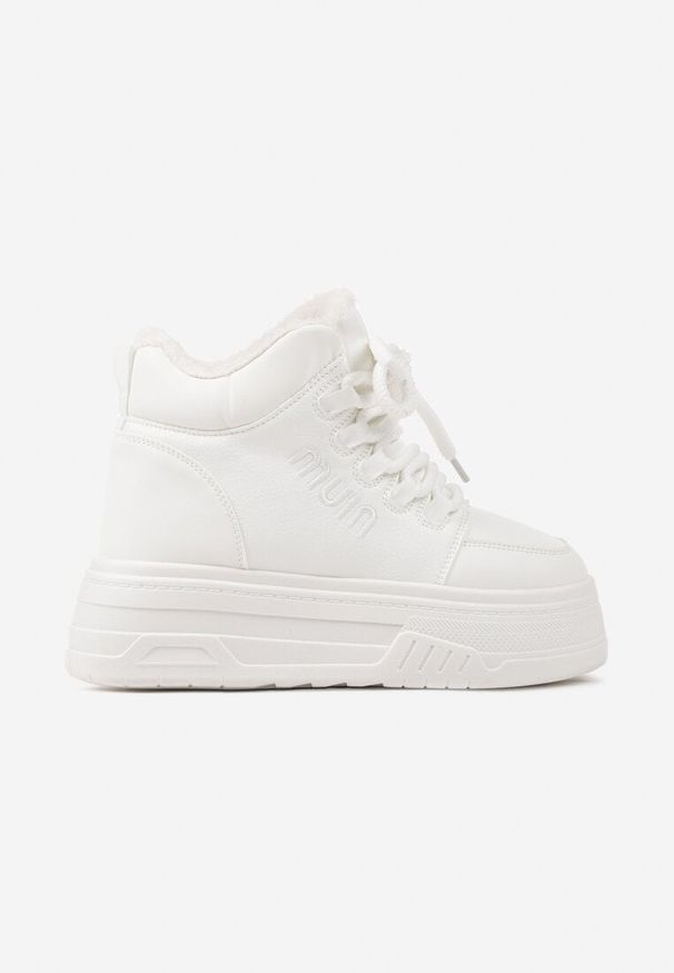 Born2be - Białe Sneakersy na Platformie Ocieplane Futrem Leanelitia. Okazja: na co dzień. Kolor: biały. Materiał: futro. Wzór: napisy, aplikacja. Obcas: na platformie