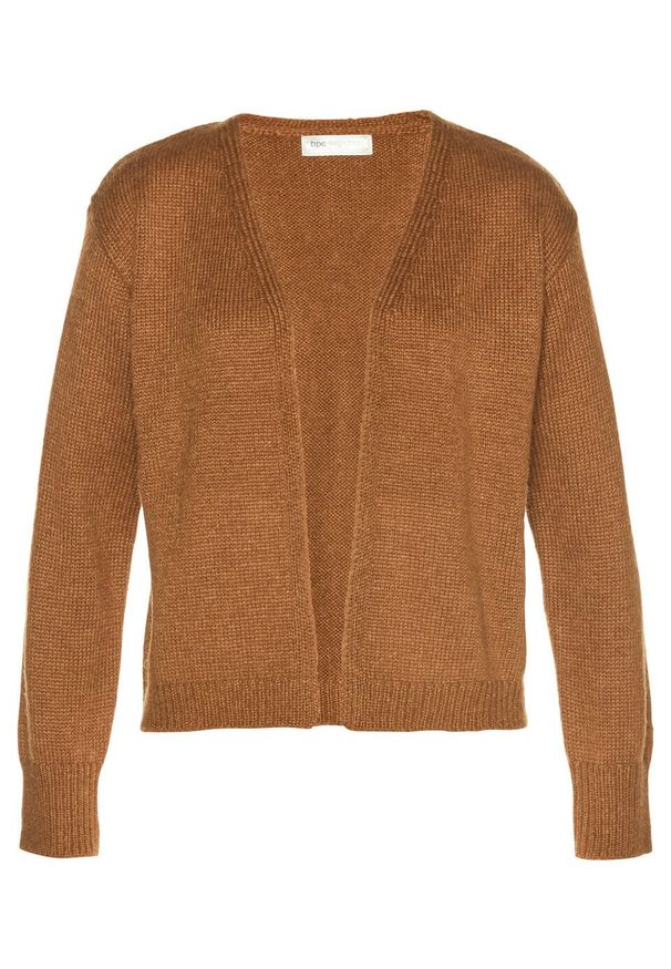 Sweter bez zapięcia bonprix wielbłądzia wełna. Kolor: brązowy. Materiał: akryl, materiał, wełna, poliester, poliamid