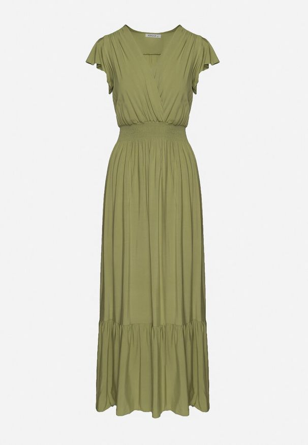 Born2be - Zielona Bawełniana Sukienka Maxi z Kopertową Górą Rozkloszowana Xaliara. Okazja: na ślub cywilny, na imprezę, na wesele. Kolor: zielony. Materiał: bawełna. Sezon: lato. Typ sukienki: kopertowe. Długość: maxi