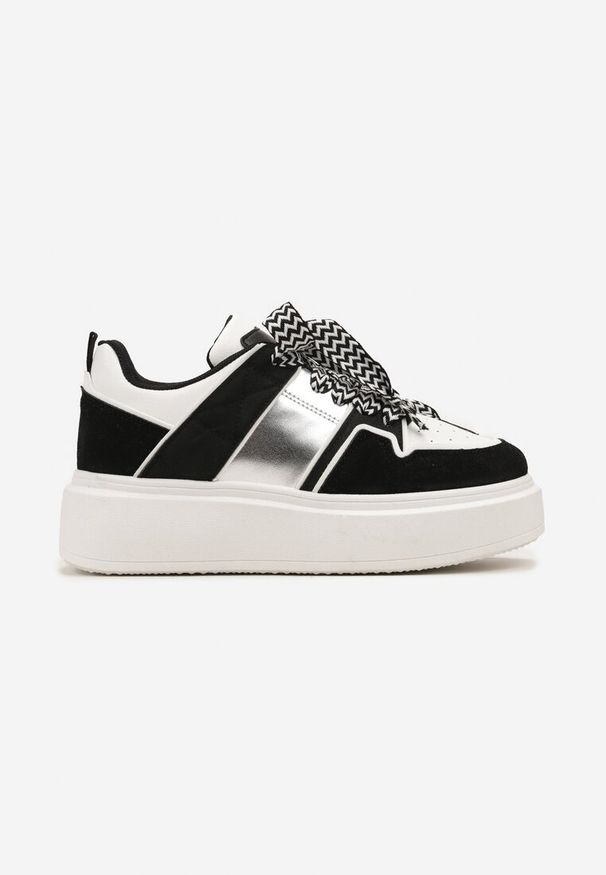 Born2be - Biało-Czarne Sneakersy na Grubej Podeszwie z Przeszyciami i Zdobionymi Sznurówkami Nalveri. Kolor: biały. Wzór: aplikacja