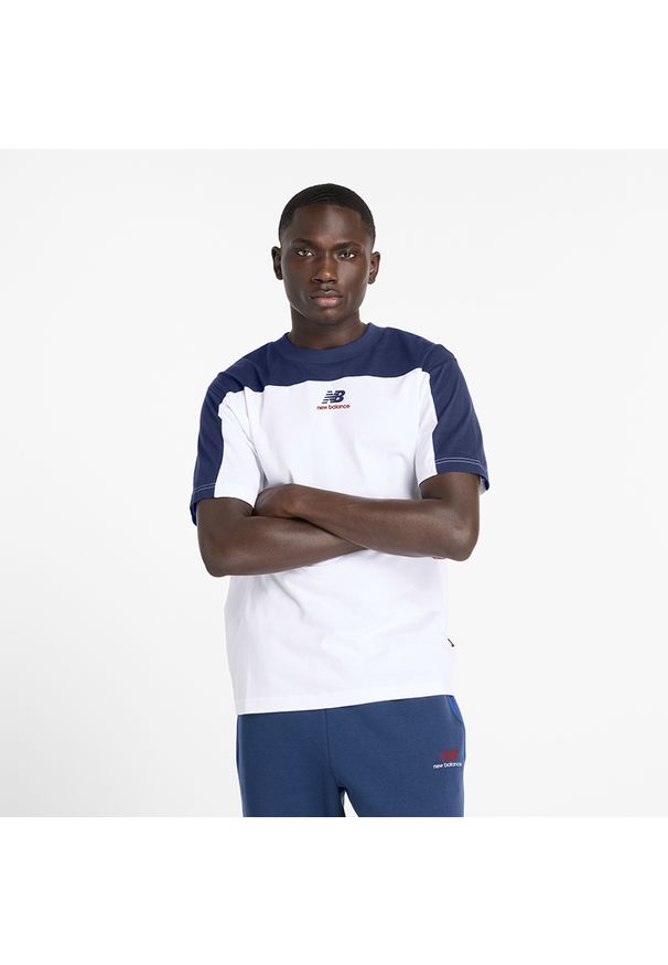 Koszulka męska New Balance MT43527NNY – multikolor. Kolor: wielokolorowy. Materiał: dresówka, bawełna. Wzór: napisy, aplikacja