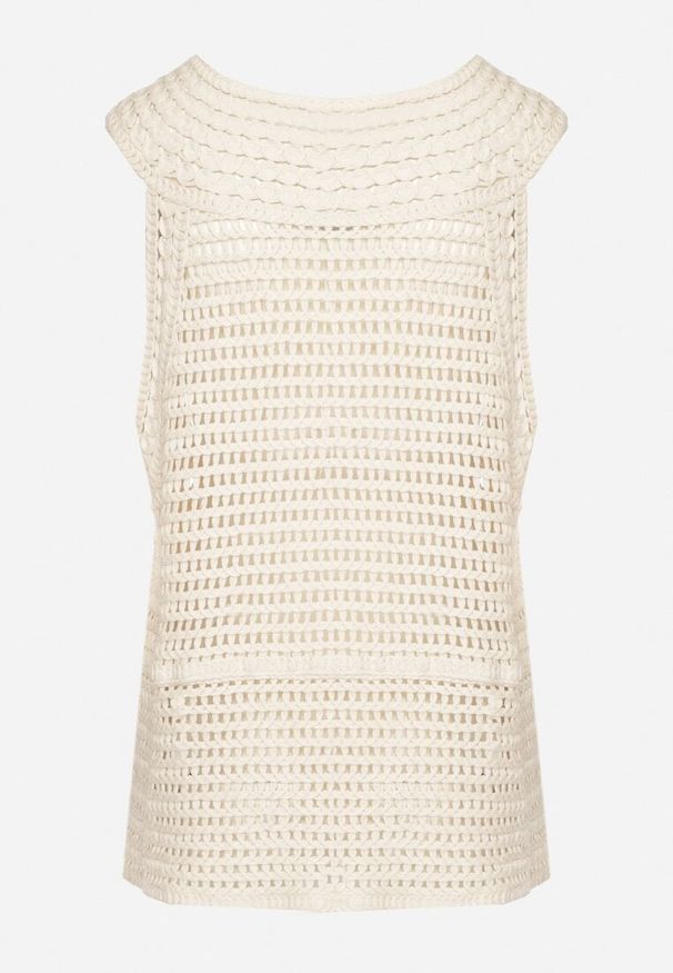 Born2be - Beżowa Bawełniana Bluzka Oversize z Ażurowej Tkaniny Banirra. Okazja: na co dzień. Kolor: beżowy. Materiał: tkanina, bawełna. Długość rękawa: bez rękawów. Wzór: ażurowy. Styl: casual