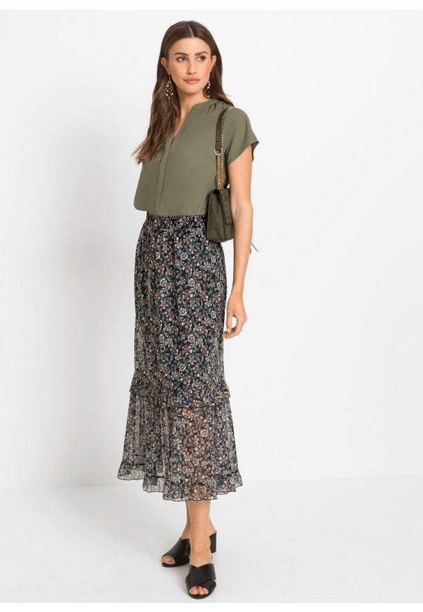 bonprix - Bluzka z krótkim rękawem i krytą plisą guzikową. Typ kołnierza: dekolt w serek. Kolor: zielony. Długość rękawa: krótki rękaw. Długość: krótkie