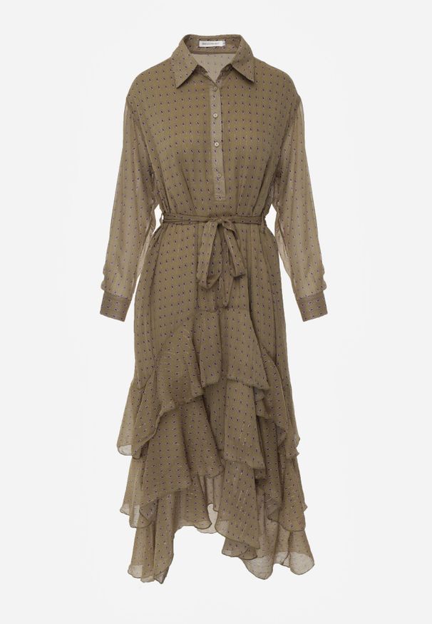 Born2be - Zielona Koszulowa Sukienka z Dłuższym Tyłem i Falbanami Savandra. Okazja: na co dzień. Kolor: zielony. Materiał: poliester. Typ sukienki: koszulowe. Styl: casual