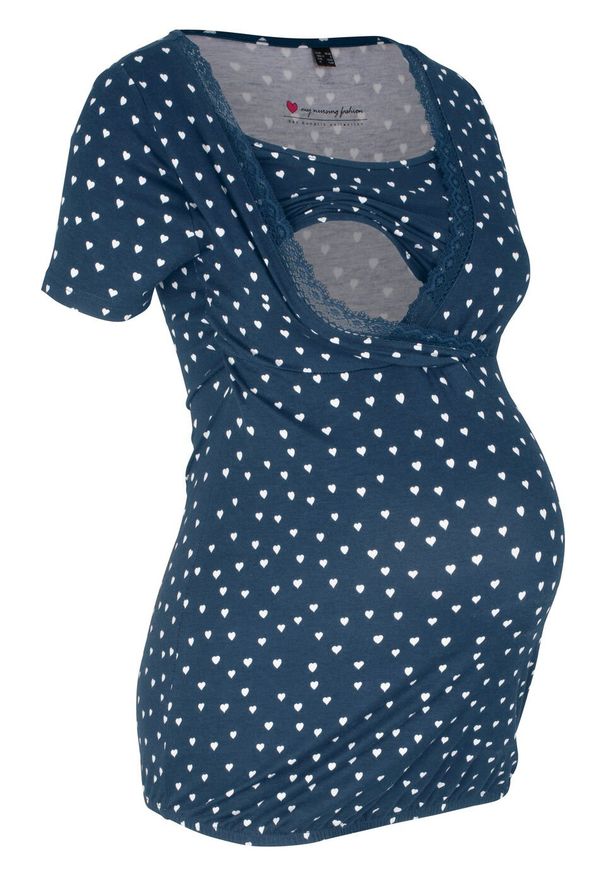 Shirt ciążowy i do karmienia, z koronką bonprix ciemnoniebieski z nadrukiem. Kolekcja: moda ciążowa. Kolor: niebieski. Materiał: koronka. Wzór: koronka, nadruk. Sezon: lato