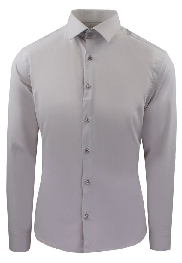 Męska Koszula Wizytowa, Taliowany Krój - Victorio - Popielata. Kolor: szary. Materiał: poliester, elastan, bawełna. Styl: wizytowy