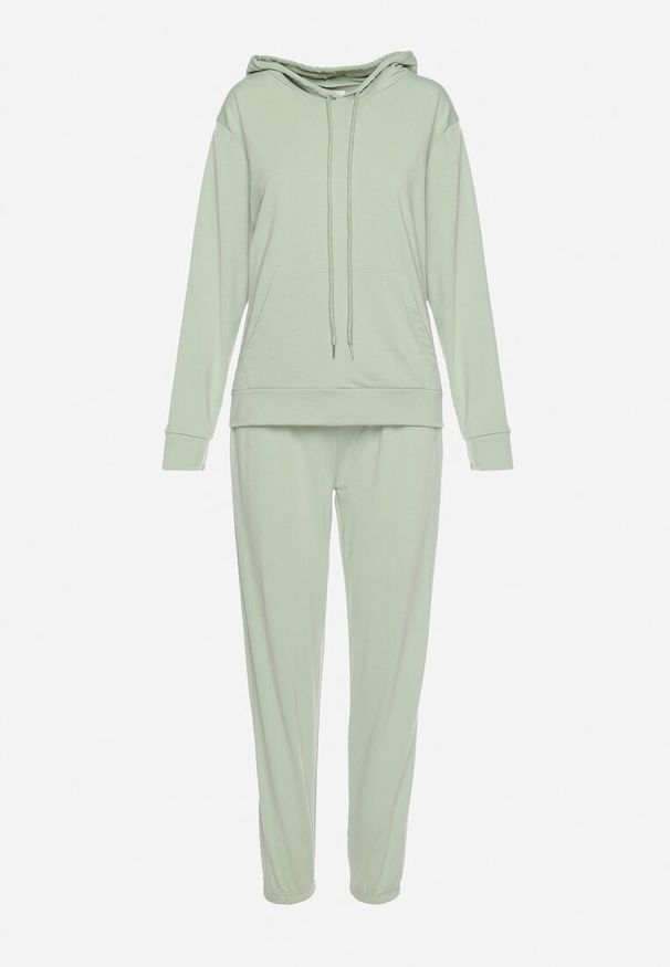 Born2be - Jasnozielony Komplet Dresowy Bluza Kangurka z Kapturem i Spodnie Joggery Triasa. Kolor: zielony. Materiał: dresówka