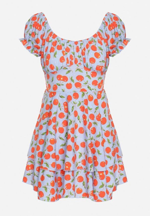 Born2be - Niebieska Rozkloszowana Sukienka z Bawełną z Motywem Wiśni Lunadessa. Okazja: na co dzień, na imprezę. Kolor: niebieski. Materiał: bawełna. Sezon: lato. Typ sukienki: proste. Styl: casual, elegancki, klasyczny