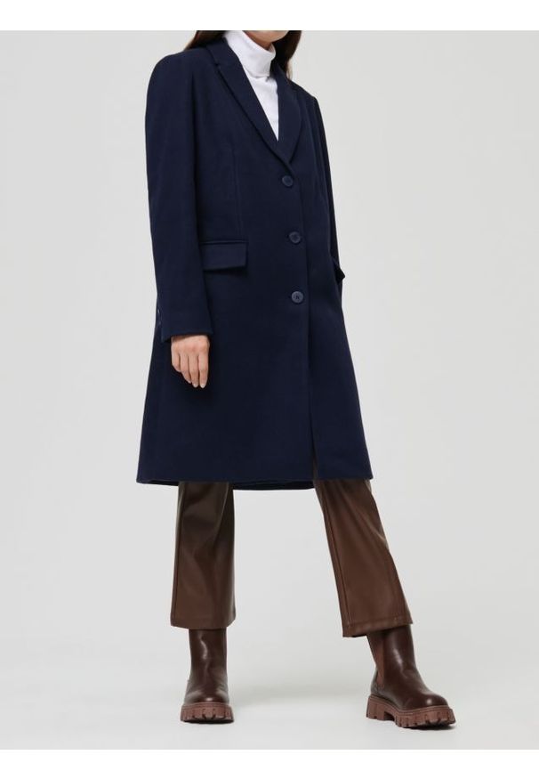 Sinsay - Długi płaszcz z domieszką wełny - granatowy. Kolor: niebieski. Materiał: wełna. Długość: długie