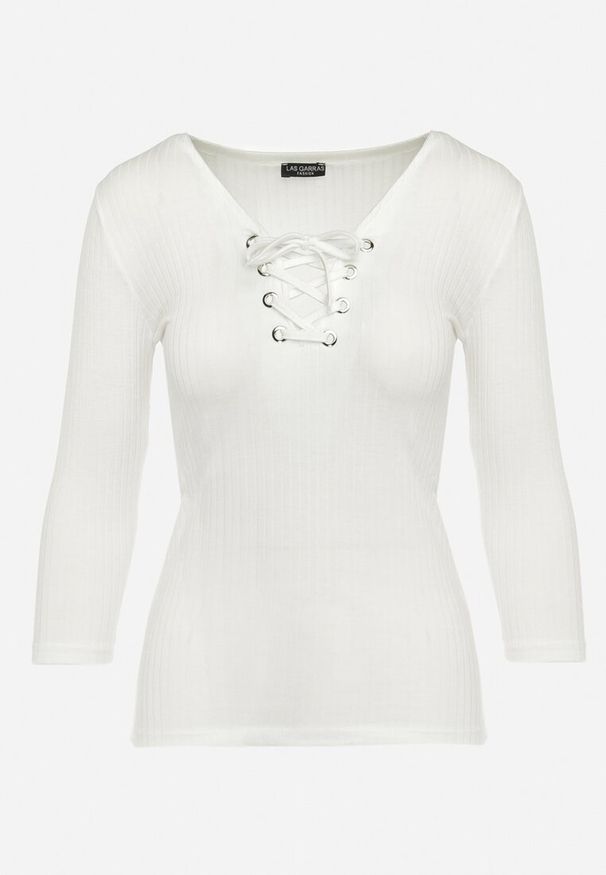 Born2be - Biała Bawełniana Bluzka w Prążki z Gorsetowym Wiązaniem Przy Dekolcie Jarelis. Typ kołnierza: dekolt gorset. Kolor: biały. Materiał: bawełna. Wzór: prążki