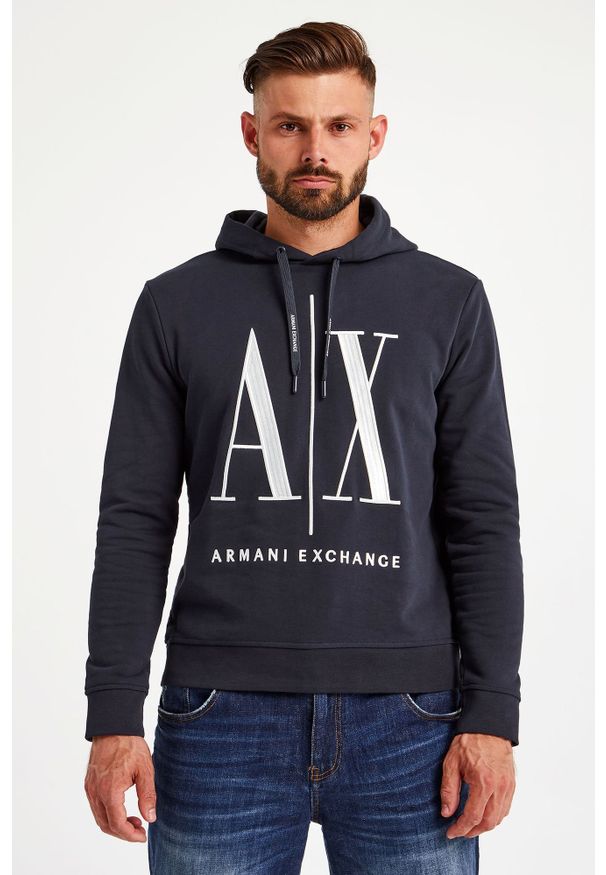 Armani Exchange - BLUZA ARMANI EXCHANGE. Typ kołnierza: kaptur. Materiał: bawełna. Długość rękawa: długi rękaw. Długość: długie. Wzór: haft