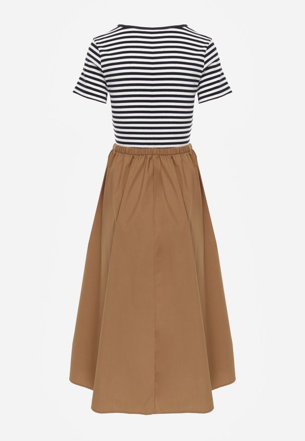 Born2be - Niebieska Rozkloszowana Sukienka z Bawełny Imitująca Bluzkę w Paski i Spódnicę Chathusa. Okazja: na co dzień. Kolor: niebieski. Materiał: bawełna. Wzór: paski. Sezon: lato. Typ sukienki: rozkloszowane, proste. Styl: casual, klasyczny