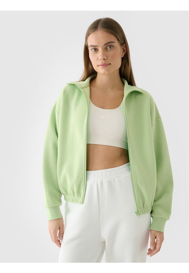 4f - 4F Bluza crop top rozpinana bez kaptura damska - zielona M. Okazja: na co dzień. Typ kołnierza: bez kaptura. Kolor: zielony. Materiał: dzianina, dresówka, bawełna, syntetyk, materiał. Wzór: ze splotem, jednolity. Styl: klasyczny, sportowy, casual